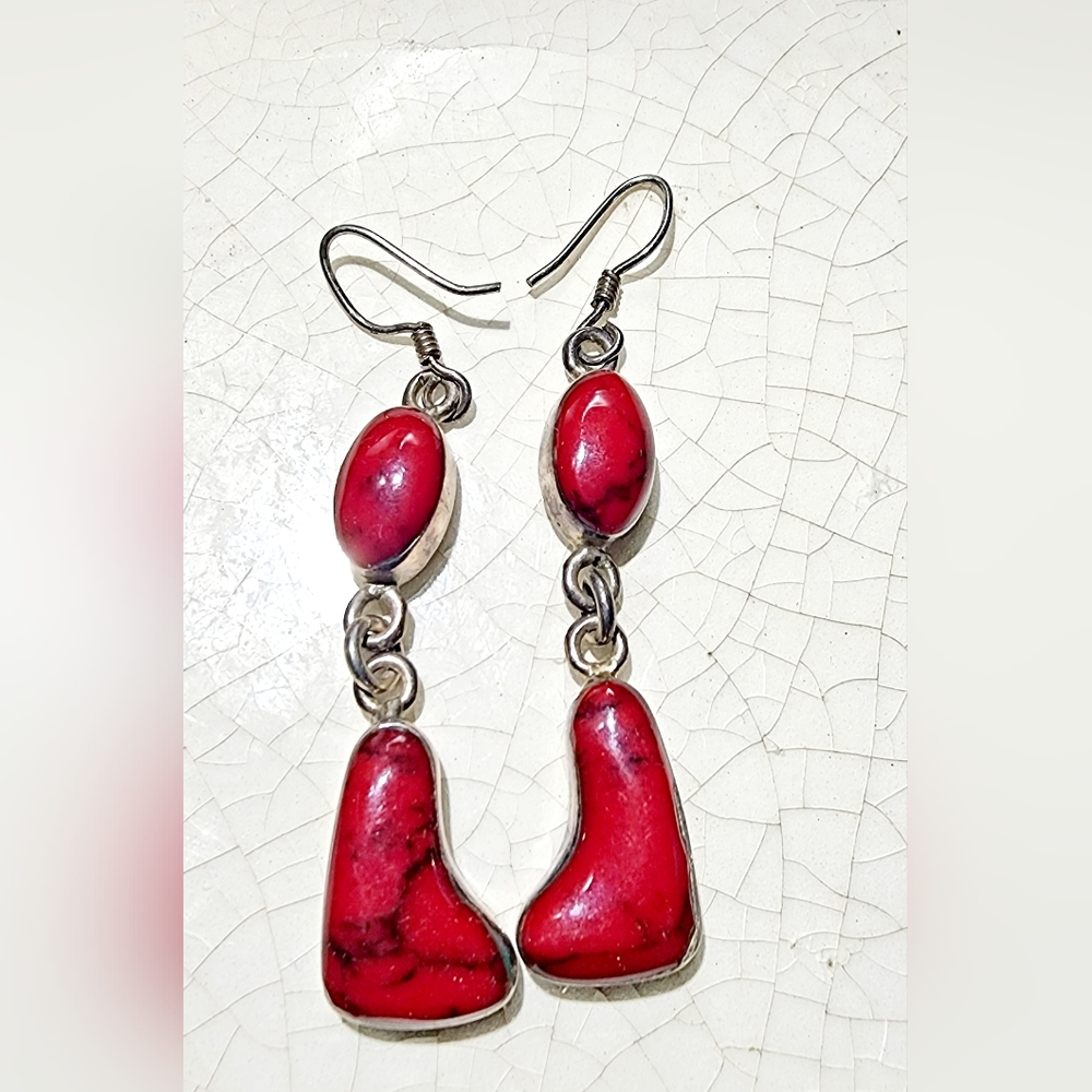 Mexican sterling silver irregular shaped carnelian red stone fish hook dangle